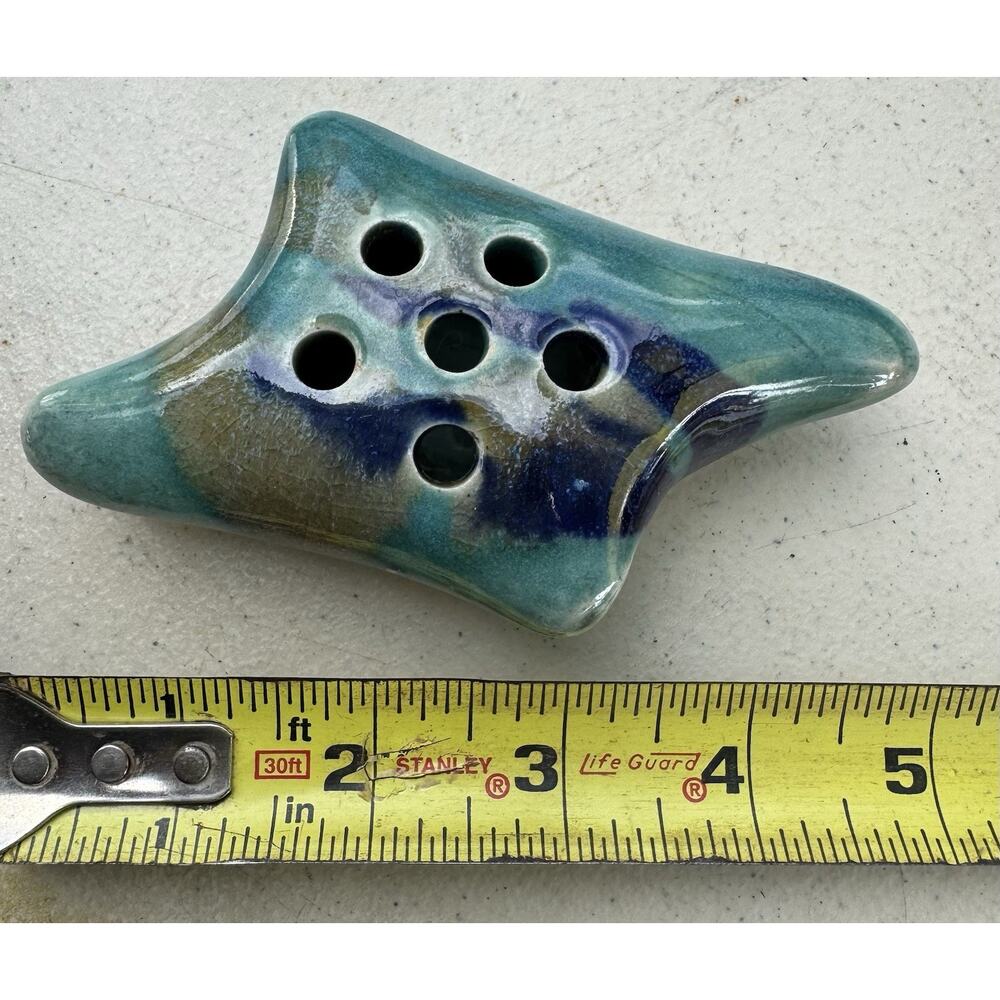 Vintage Pottery Pillow Vase / Flower Frog ~ 6 Holes / Greens & Blues ~ Crazing